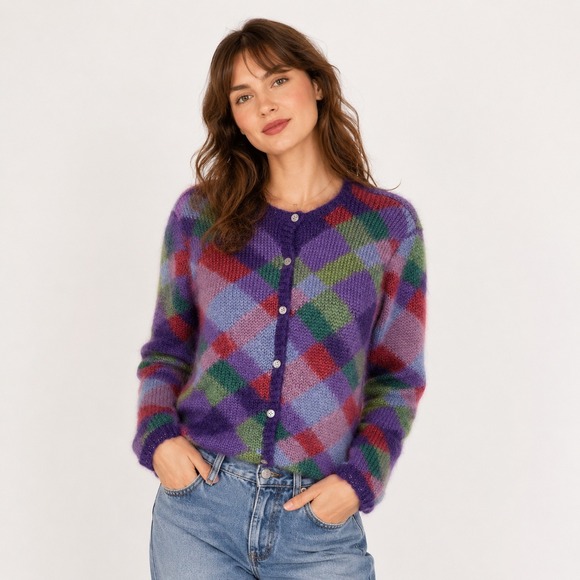 Talbots Sweaters - Vtg Talbots Cardigan Sweater Womens L Mohair Blend Hand Knit Argyle Grandmacore
